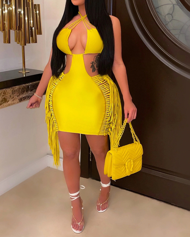 Criss Cross Neck Solid Color Women Sexy Hollow Out Tassel Mini Bodycon Dresses White Yellow Orange Blue S-2XL