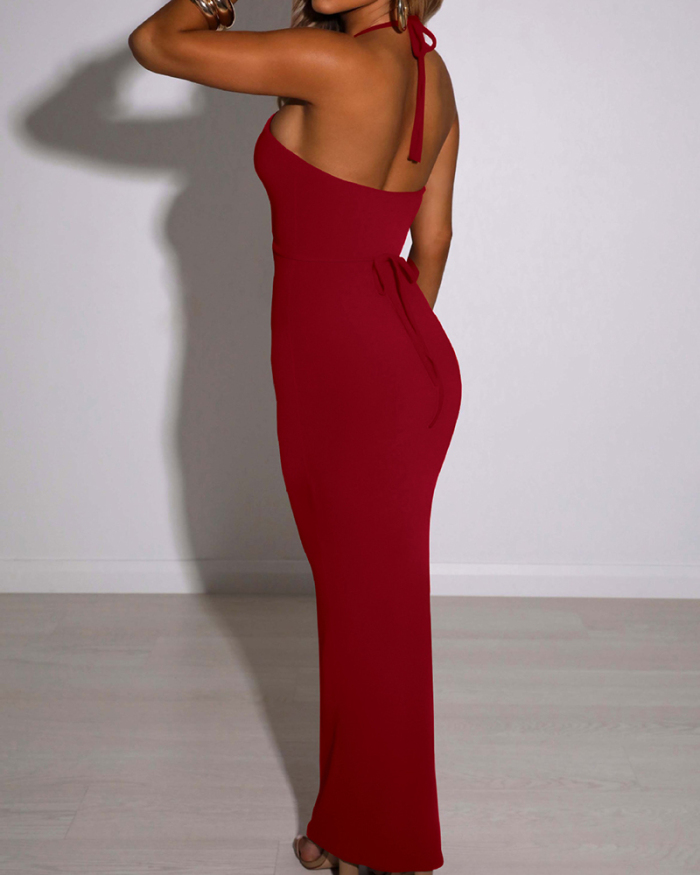 Women Solid Color Backless Halter Neck Evening Maxi Dresses Black Red Wine Red S-2XL