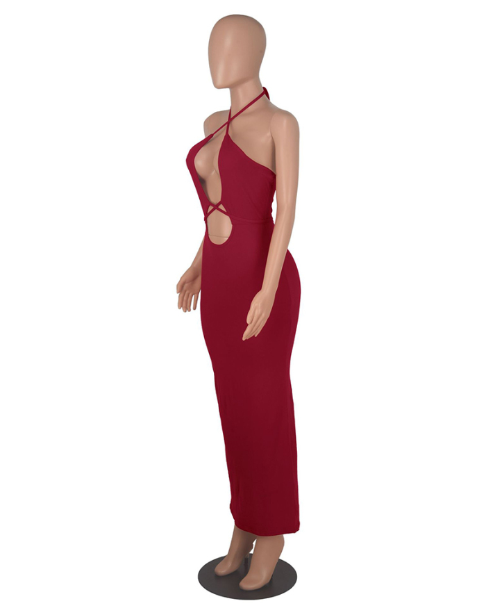 Women Solid Color Backless Halter Neck Evening Maxi Dresses Black Red Wine Red S-2XL