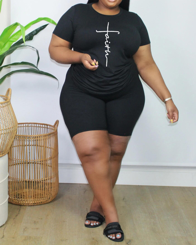 Women Plus Size Letter Printing Casual High Waist Two Piece Set Black Yellow Red XL-5XL