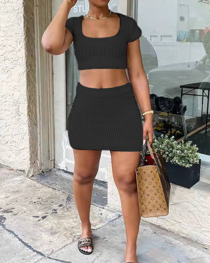 Sexy Lady Solid Color Short Sleeve Two Piece Set Black Orange Black Wine Red S-2XL 
