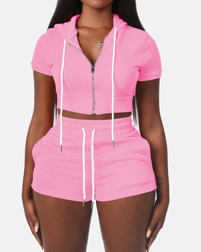 Women Solid Color Pocket Hoodies Short Sets Two Pieces Outfit White Pink Orange XS-XL