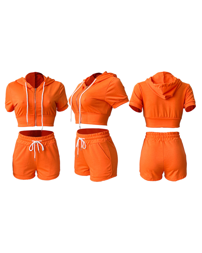 Women Solid Color Pocket Hoodies Short Sets Two Pieces Outfit White Pink Orange XS-XL