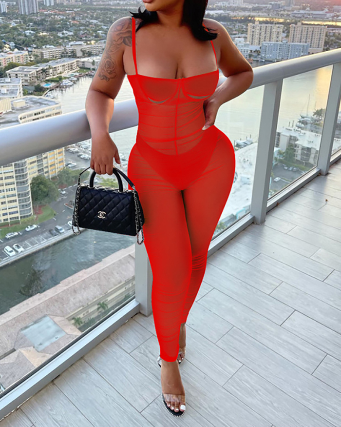 Women Solid Color Strap Mesh See Through Sexy Jumpsuits White Red Pink Black Blue S-2XL