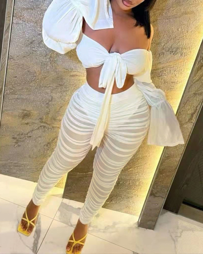 Women Solid Color  Long Sleeve Off Shoulder Mesh Pants Sets Two Pieces Outfit White Yellow Black S-XL