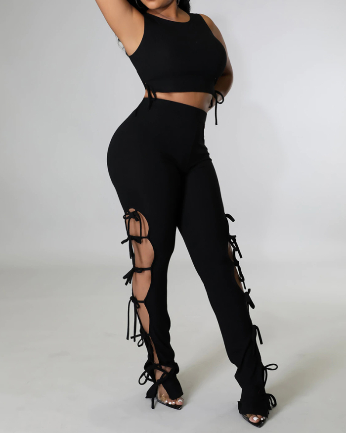 Women Solid Color Crop Tops Strappy Hollow Out Pants Sets Two Pieces Outfit S-2XL