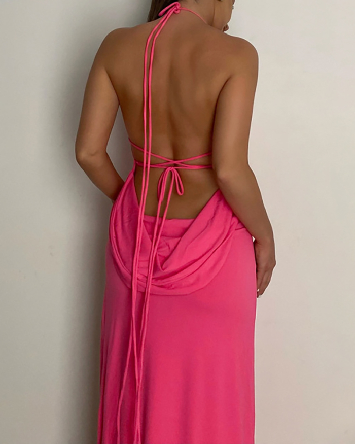 Solid Color Fashion Women Halter Neck Backless High Slit One-piece Dress Evening Dress Pink Green S-L