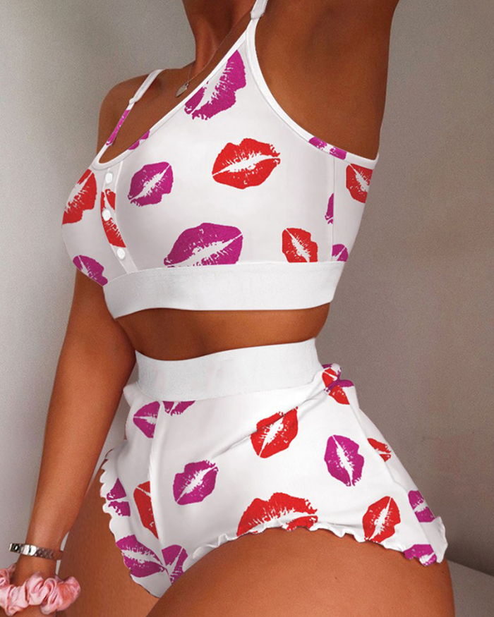 Top Sale Women Sleeveless Summer Printed Bikini Short Sets Two Pieces Outfit S-2XL