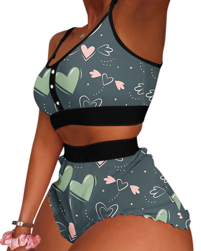 Top Sale Women Sleeveless Summer Printed Bikini Short Sets Two Pieces Outfit S-2XL