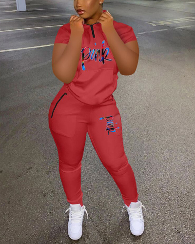 Women Short Sleeve Pink Printed Zipper Neck Sports Suit Pants Sets Two Pieces Outfit Red Black Blue S-2XL