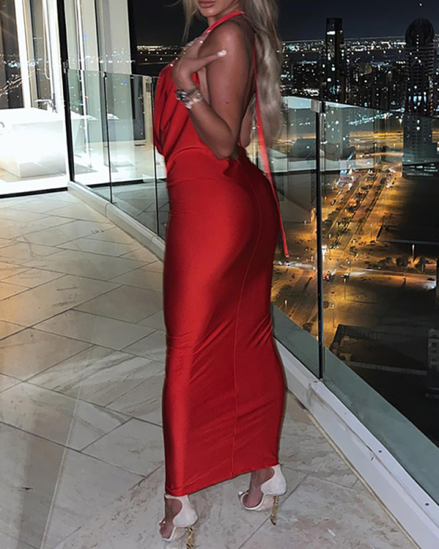 Lady Solid Color Backless V-Neck Halter One Piece Dress Red Gray S-L 