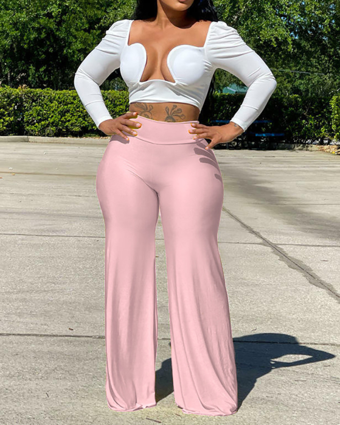Women Casual Solid Color Wide Leg Pants White Yellow Black Blue Pink S-2XL