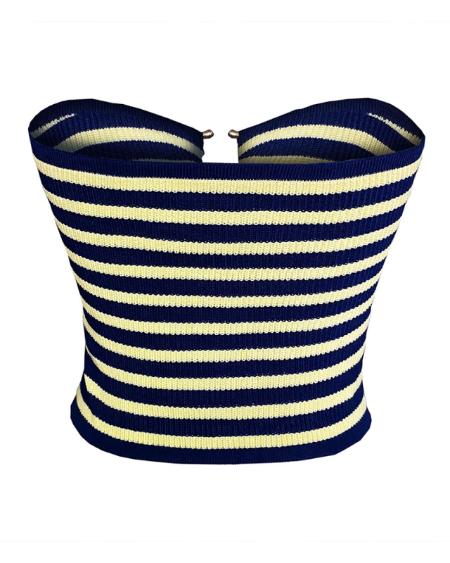 Fashion Girls Sleelveless Striped Hollow Out Tube Tops Royal Blue Yellow S-XL