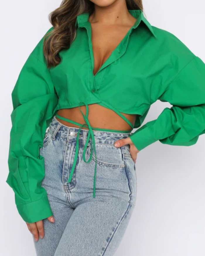 Women Solid Color Long Sleeve Turn-down Collar Crop Top Blouses White Khaki Green Rose Red Purple Pink Red S-2XL