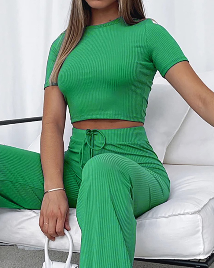 Women Solid Color Short Sleeve Wide Leg Pants Sets Two Pieces Outfit Black Green Apricot Blue Pink S-2XL