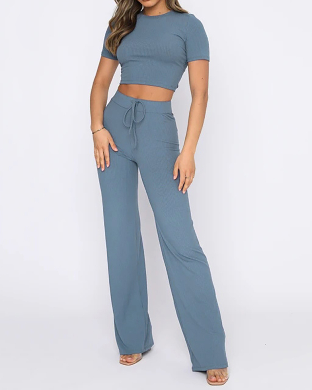 Women Solid Color Short Sleeve Wide Leg Pants Sets Two Pieces Outfit Black Green Apricot Blue Pink S-2XL