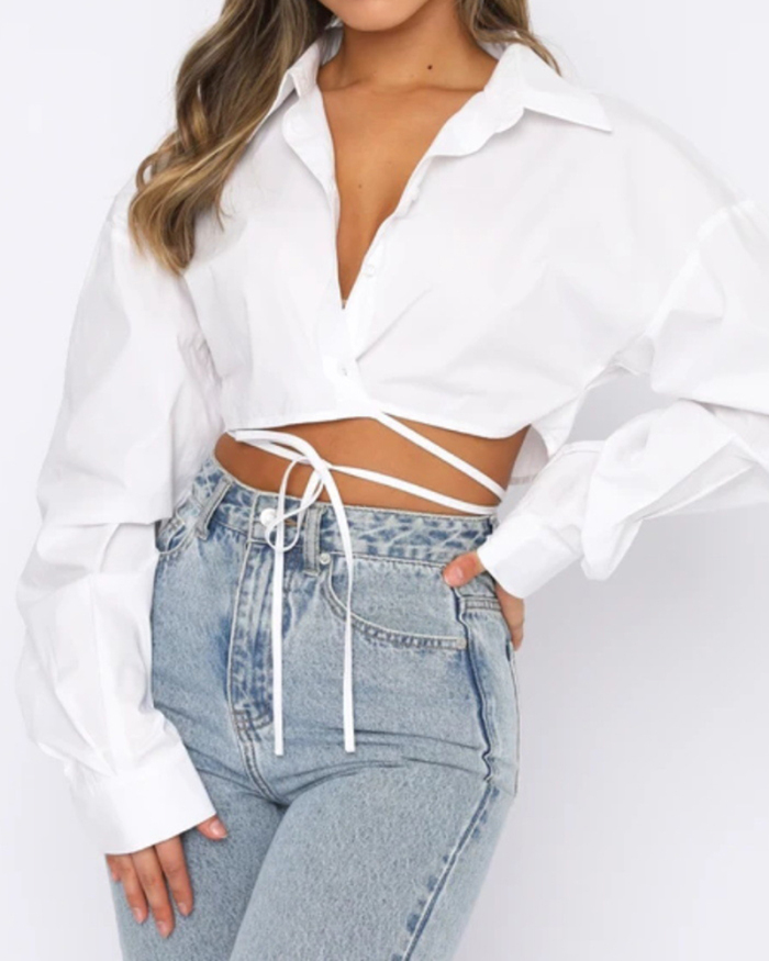Women Solid Color Long Sleeve Turn-down Collar Crop Top Blouses White Khaki Green Rose Red Purple Pink Red S-2XL