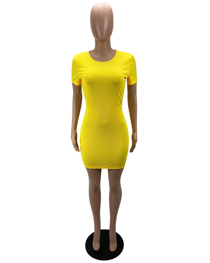 Women Solid Color O-neck Slim Mini Dresses Bodycon Dresses Pink Yellow Black Blue S-2XL