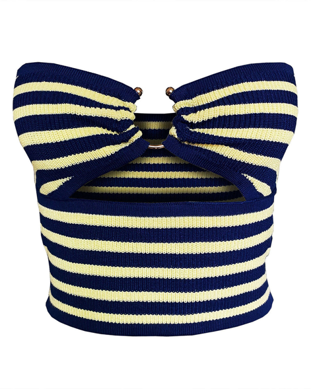 Fashion Girls Sleelveless Striped Hollow Out Tube Tops Royal Blue Yellow S-XL