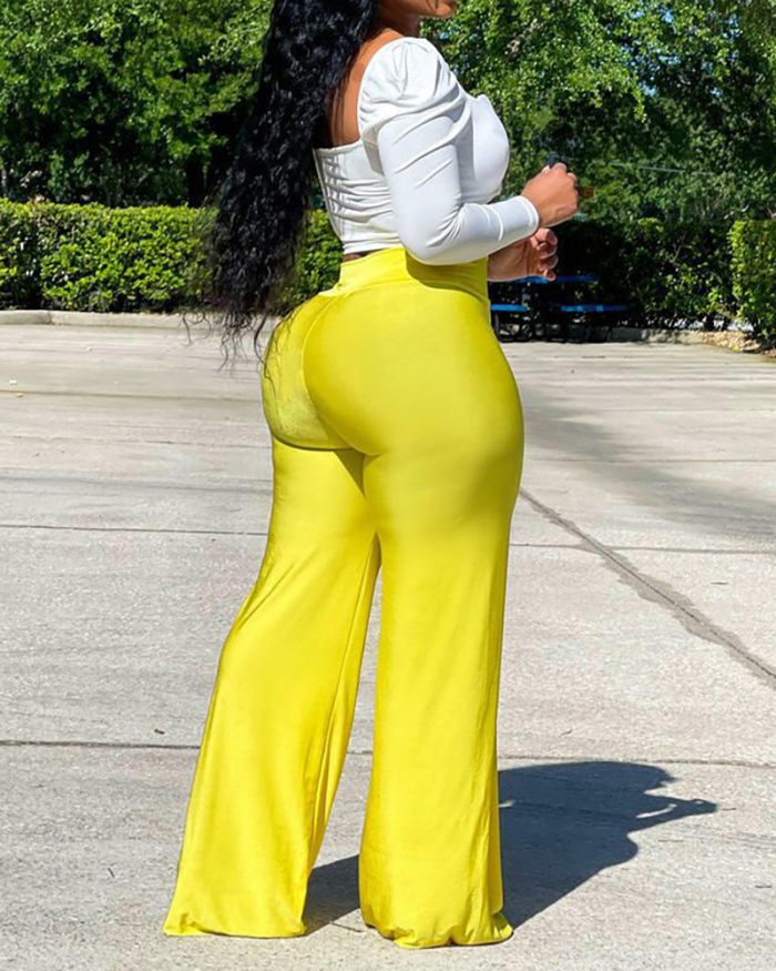 Women Casual Solid Color Wide Leg Pants White Yellow Black Blue Pink S-2XL