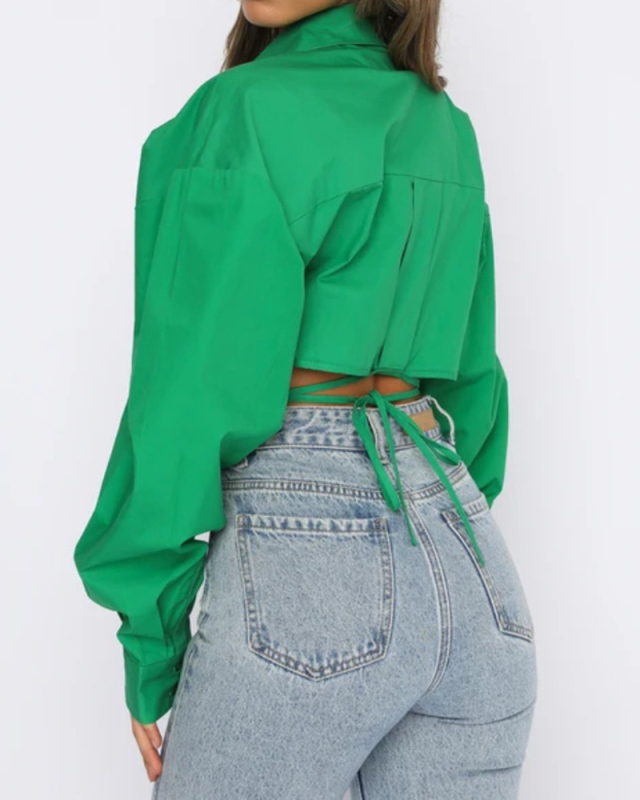 Women Solid Color Long Sleeve Turn-down Collar Crop Top Blouses White Khaki Green Rose Red Purple Pink Red S-2XL