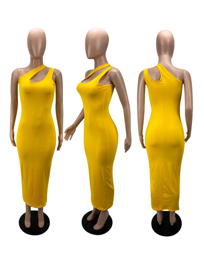 Women Solid Color O Neck Sleeveless Casual Maxi Dresses Pink Yellow Red Black Orange S-2XL