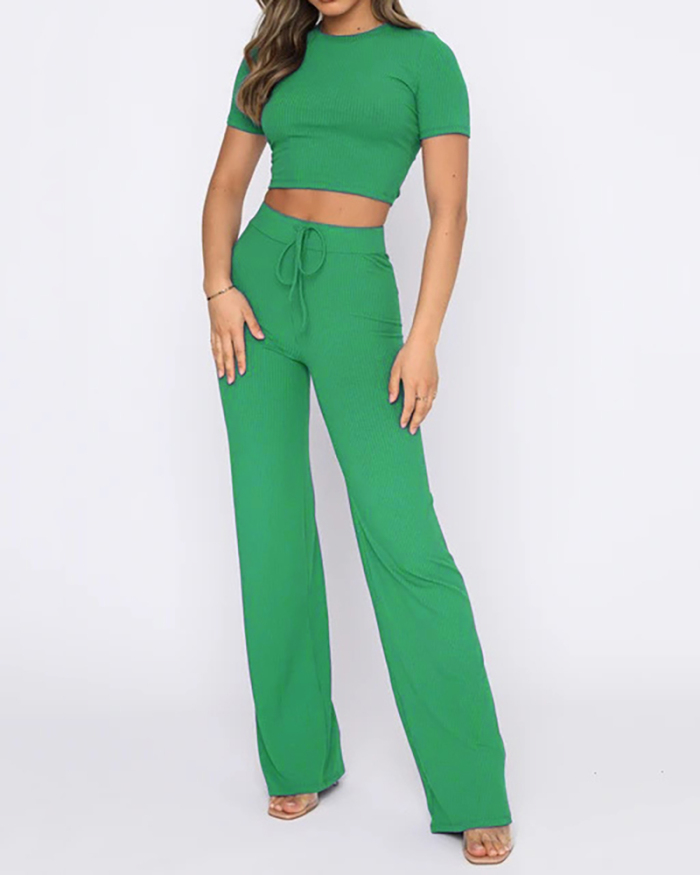 Women Solid Color Short Sleeve Wide Leg Pants Sets Two Pieces Outfit Black Green Apricot Blue Pink S-2XL