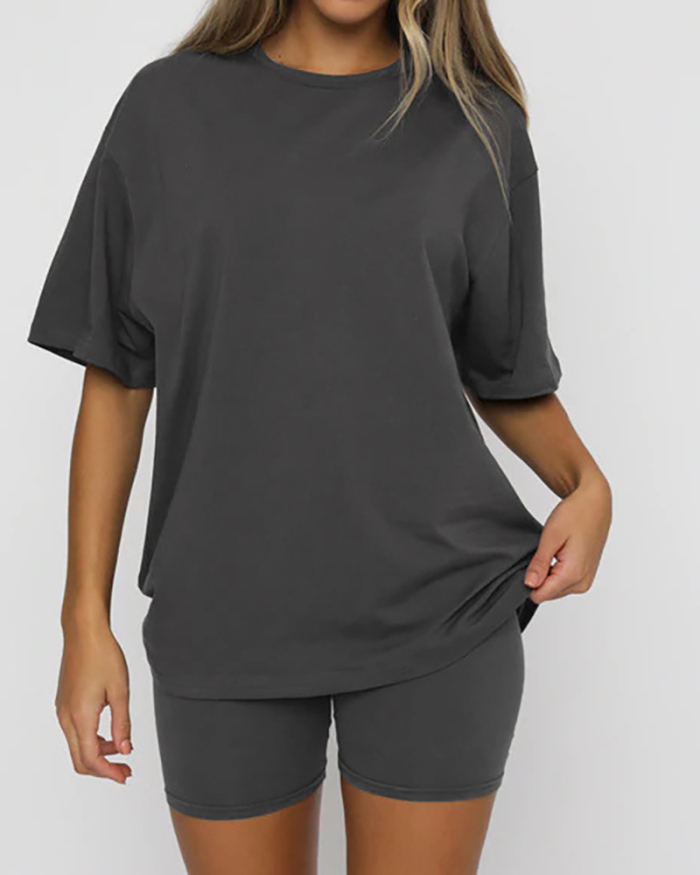 Women Short Sleeve O Neck Casual Basic Home Wear Short Sets Two Pieces Outfit Gray Black Green Apricot S-2XL