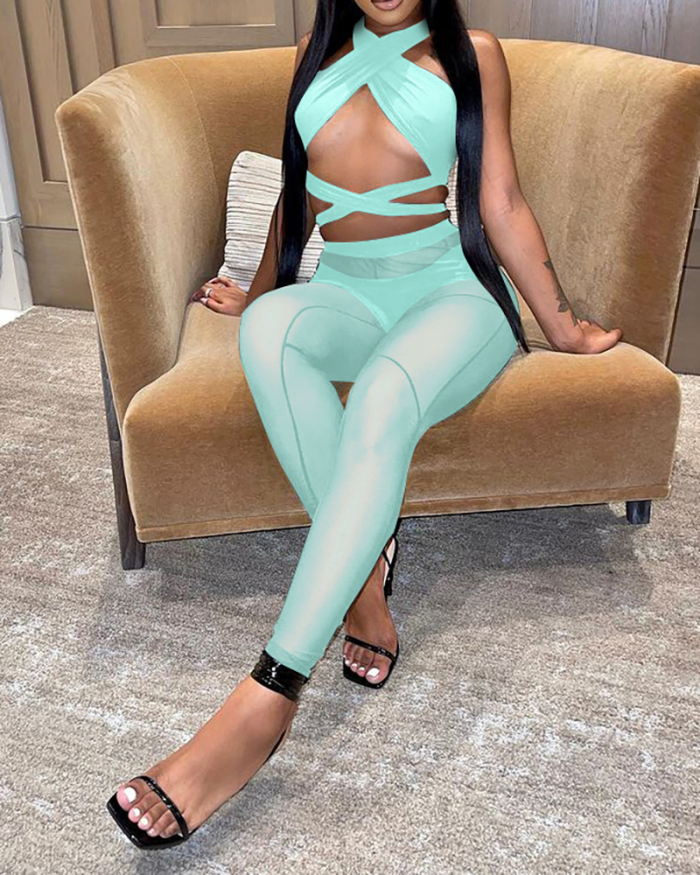 Women Criss Cross Top Mesh See Through Slim Pants Sets Two Pieces Outfit Green Yellow Blue Wine Red Black Whtie S-2XL