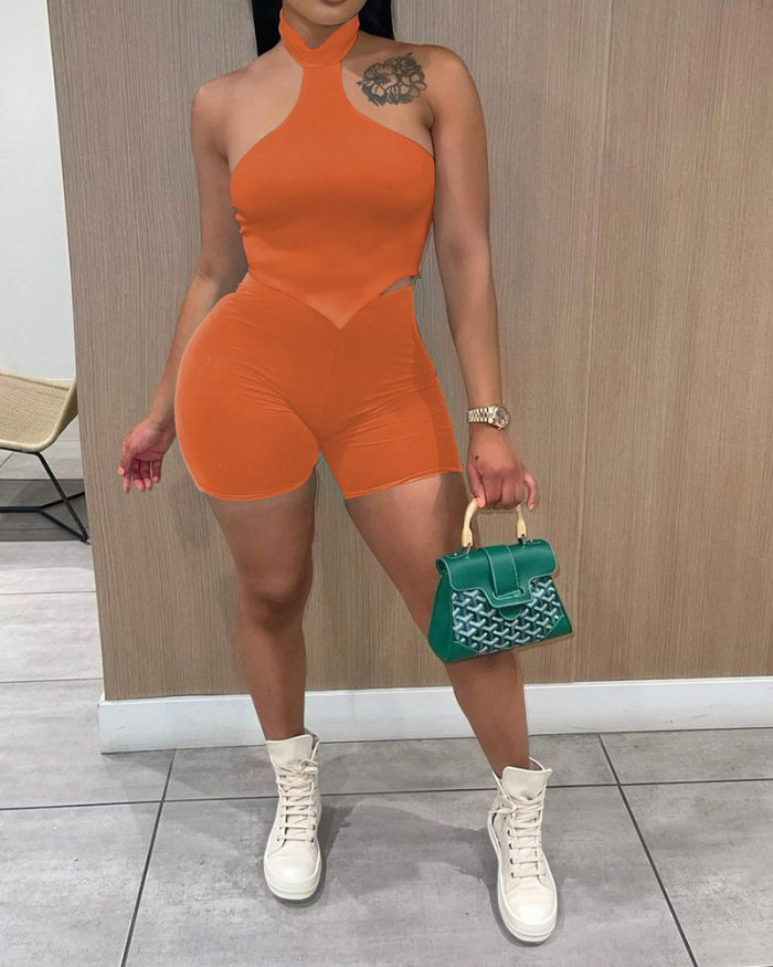 Women Sleeveless Solid Color Short Sets Two Pieces Outfit White Orange Red Black Fluorescent Green Sky Blue S-2XL
