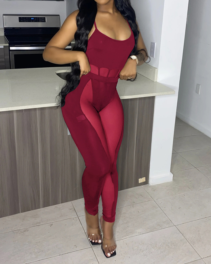 Women Sleeveless Mesh Patchwork Slim Casual Pants Sets Two Pieces Outfit Black Wine Red Blue White S-2XL