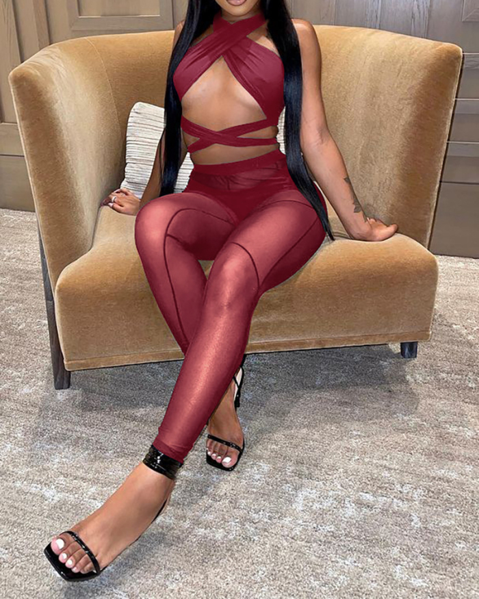 Women Criss Cross Top Mesh See Through Slim Pants Sets Two Pieces Outfit Green Yellow Blue Wine Red Black Whtie S-2XL