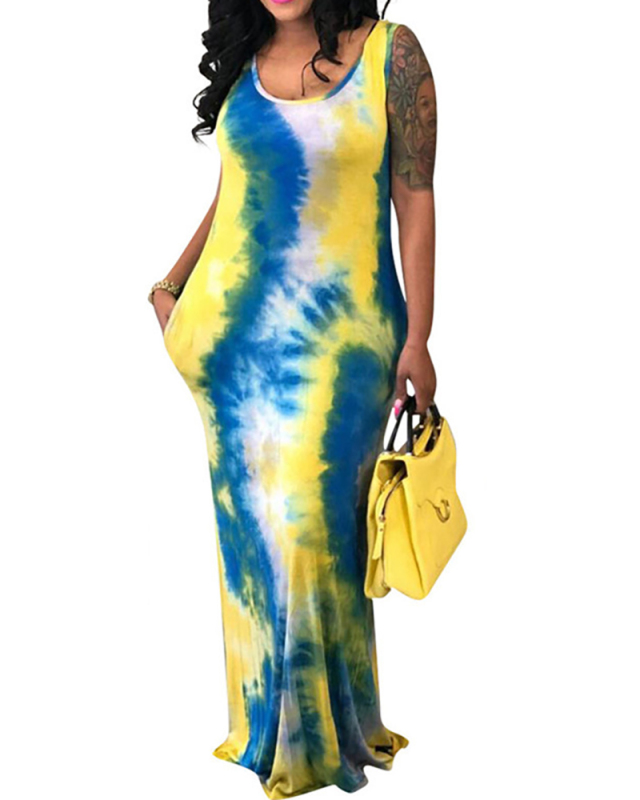 Women Sleeveless Tie-dye Maxi Dresses Casual Dresses Yellow Green Red S-3XL