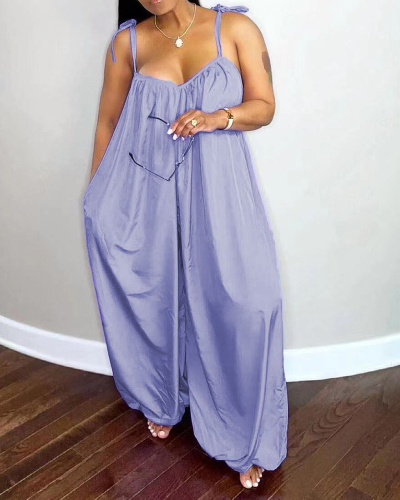 Women Solid Color Strap Sleeveless Loose Plus Size Jumpsuit Purple Pink Yellow L-4XL