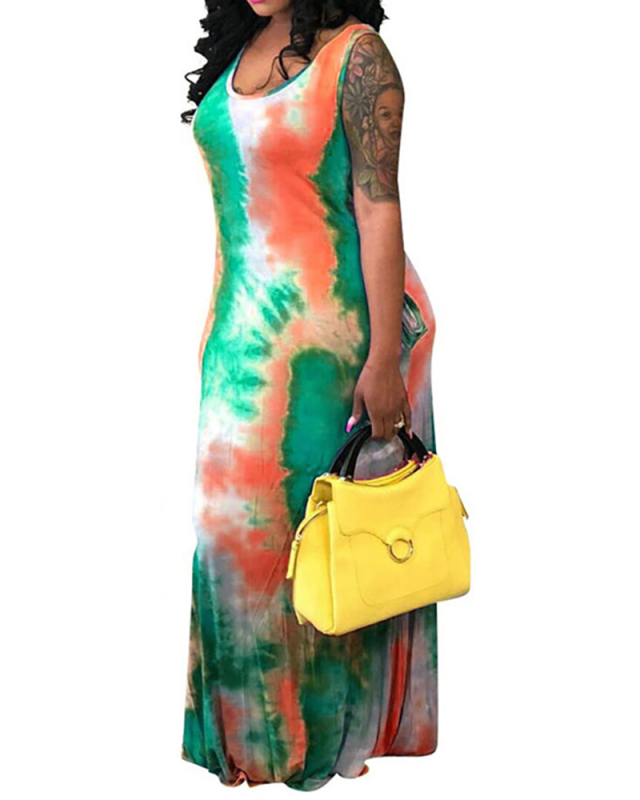 Women Sleeveless Tie-dye Maxi Dresses Casual Dresses Yellow Green Red S-3XL