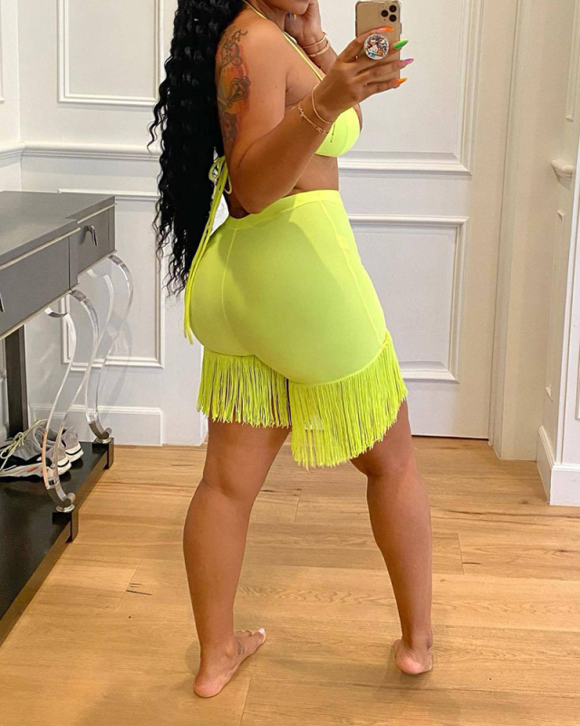 Women Solid Color Bra Tassel Short Sets Two Pieces Outfit Black Orange Fluorescent Green S-2XL