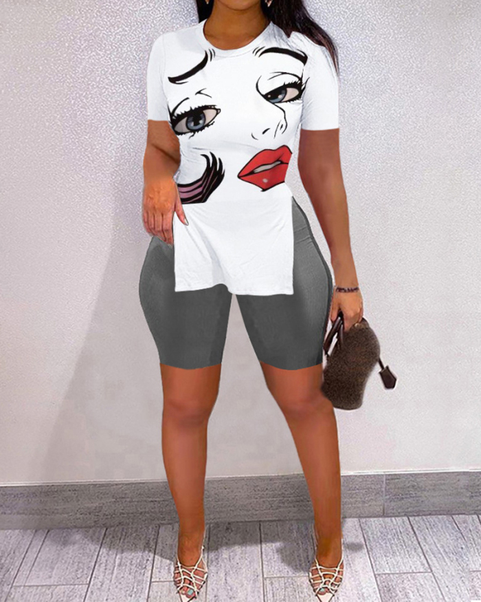 Lady Nope Printed Leopard Eyes Stripped Slit Short Sleeve Tops Short Sets Two Pieces Outfit White Black S-2XL