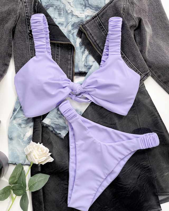 Solid Color Women Sleeveless High Waist Two-piece Swimsuit Purple S-L