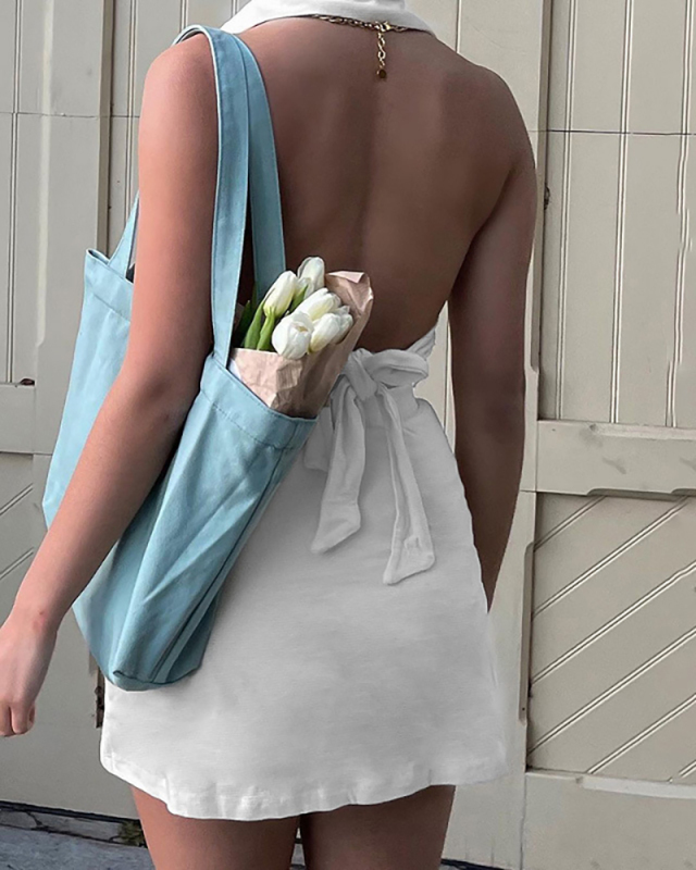 Lady Backless Solid Color Lapel Two Piece Set White Yellow Red Purple Black Orange Wine Red S-3XL 