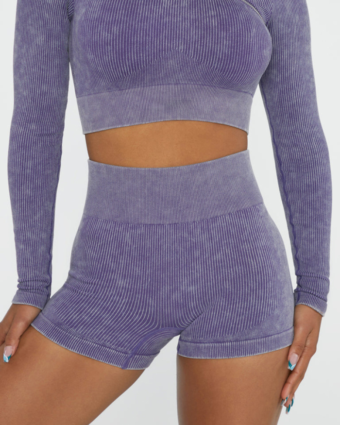 New Sand Washed Seamless Knit Yoga Suit Women's Zipper Sports Bra High Waist Yoga Shorts S-L