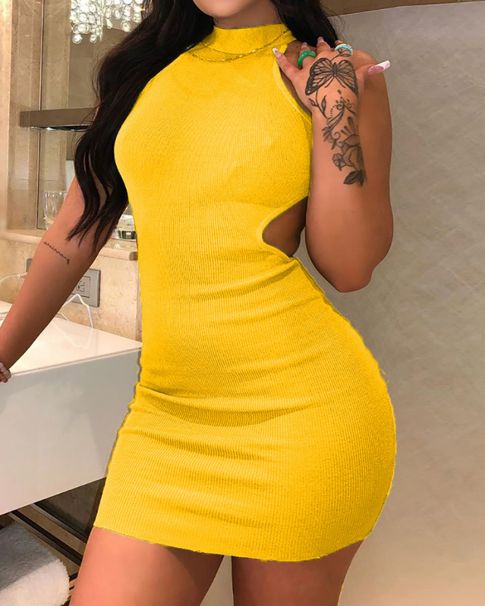 Lady Solid Color Sleeveless Backless Slim One Piece Dress Yellow Orange Red Black Blue S-3XL 