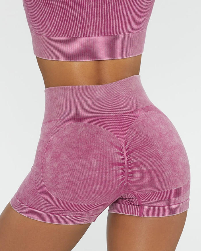 New Sand Washed Seamless Knit Yoga Suit Women's Zipper Sports Bra High Waist Yoga Shorts S-L