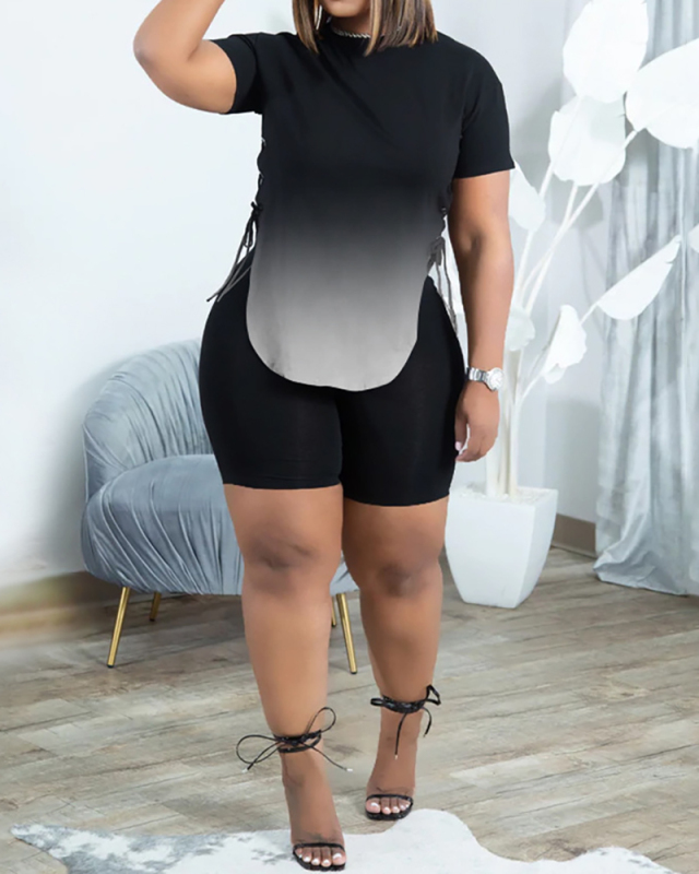 Lady Colorblock Short Sleeve Causal Two Piece Set Purple Black Blue S-2XL 