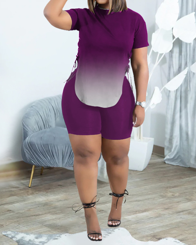 Lady Colorblock Short Sleeve Causal Two Piece Set Purple Black Blue S-2XL 