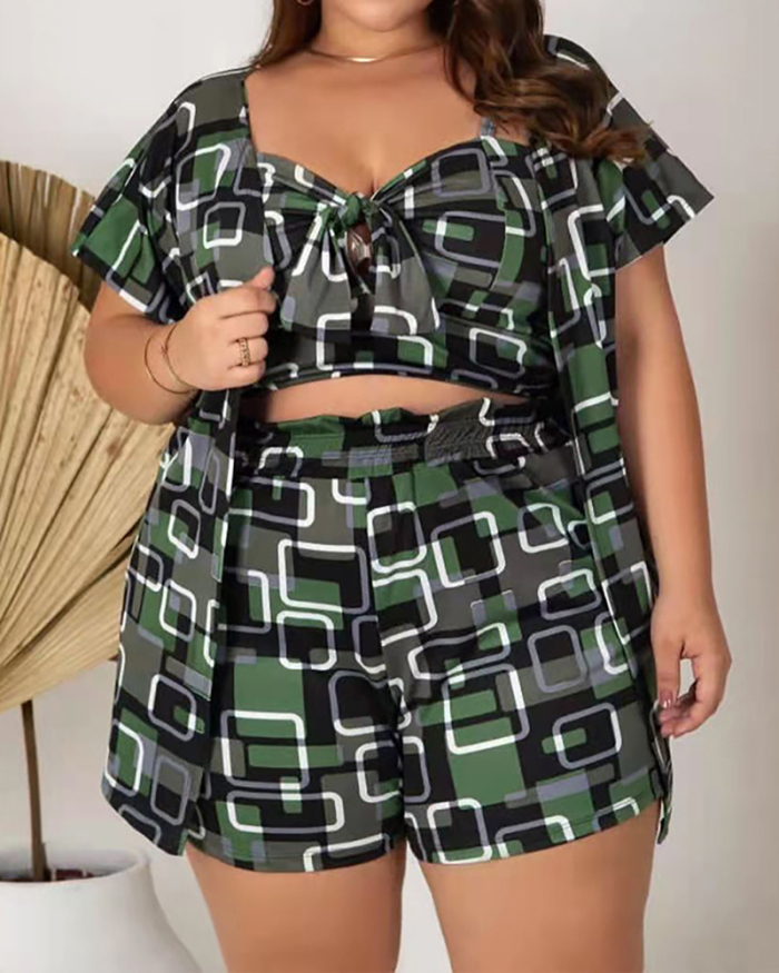 Women Short Sleeve Summer Printed Fashion Plus Size Three Pieces Sets Red Gray Black Green XL-5XL