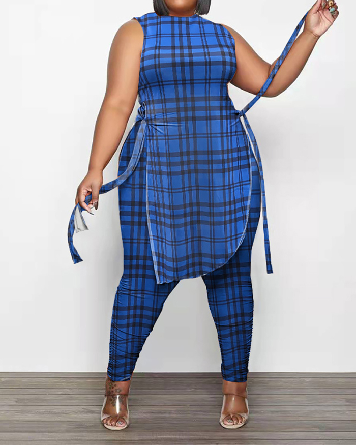 Fashion O-neck Women Sleeveless Grid Printed Plus Size Two Piece Sets Red Blue Gray XL-5XL