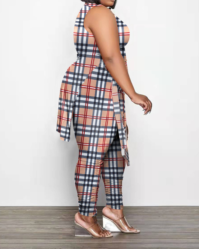Fashion O-neck Women Sleeveless Grid Printed Plus Size Two Piece Sets Red Blue Gray XL-5XL