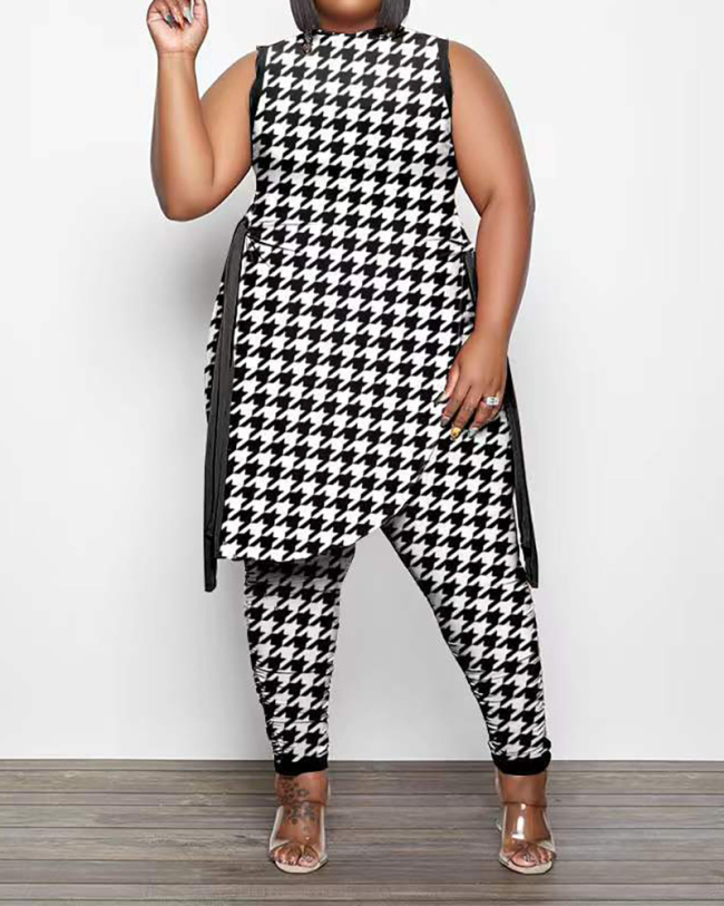 Women Sleeveless Side Slit Strappy Houndstooth Dot Printed Plus Size Two Piece Sets Black Coffee Gray XL-5XL