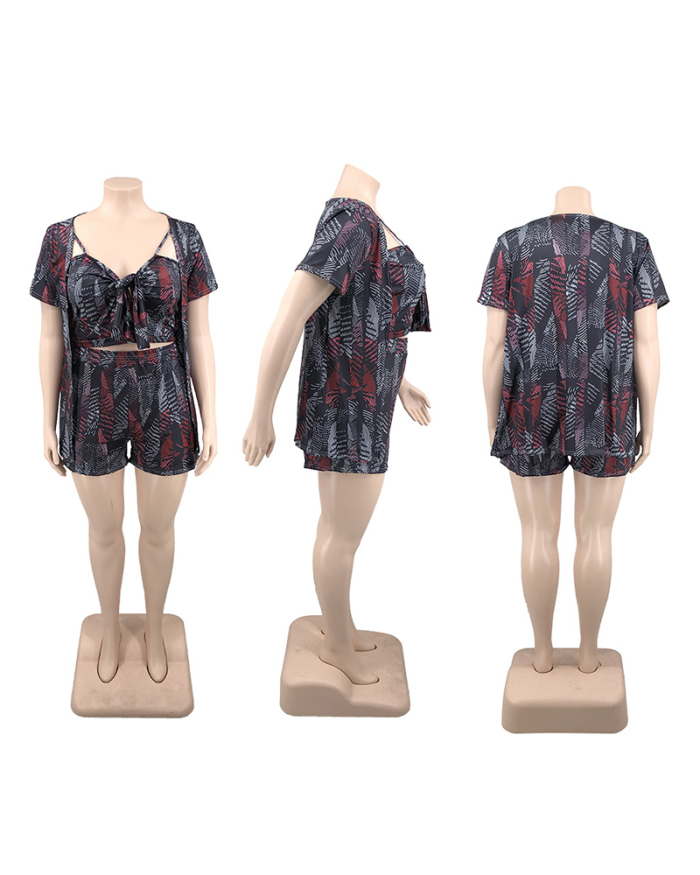 Women Short Sleeve Summer Printed Fashion Plus Size Three Pieces Sets Red Gray Black Green XL-5XL