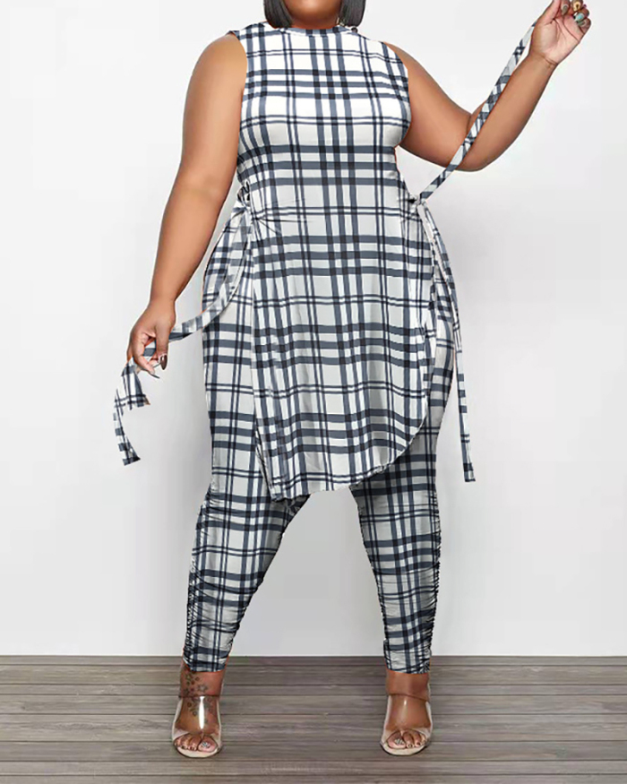 Fashion O-neck Women Sleeveless Grid Printed Plus Size Two Piece Sets Red Blue Gray XL-5XL